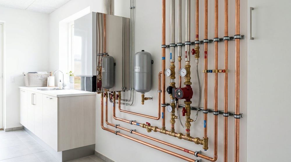 Moderne fjernvarmeinstallation monteret i bryggers
