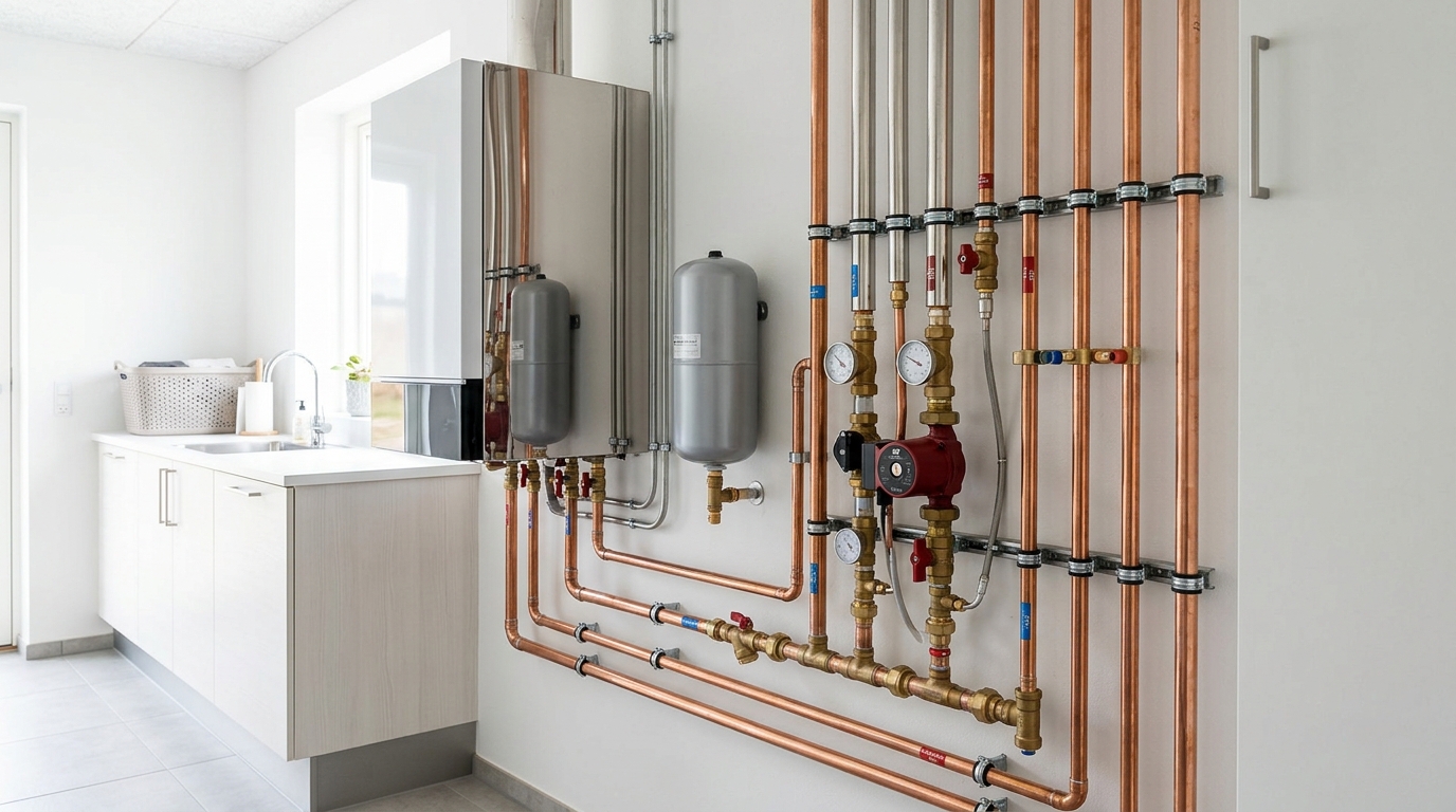 Moderne fjernvarmeinstallation monteret i bryggers