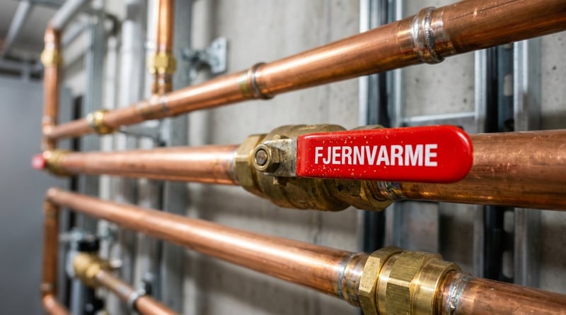 Nærbillede af kobberrør og fjernvarmeventil